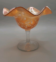 Vintage 5" Fenton Marigold Carnival Glass Compote with Clear Stem