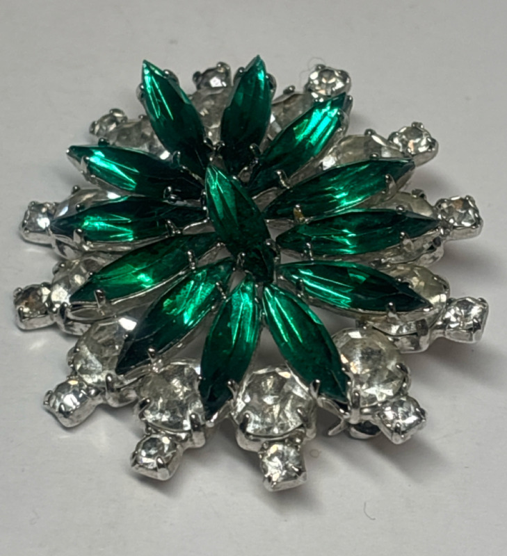 Large Green and Clear Rhinestone Brooch