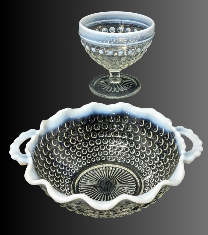 Vintage Unsigned Fenton Hobnail | Ruffled Handled Dish () | Moonstone Edge Goblet ()