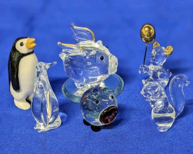 Vintage Blown Art Glass Figures (Pigs, Squirrel , Bear w Balloon & Penguin) & Small Ceramic Penguin w Mirror Base | 1" - 1.25" Tall