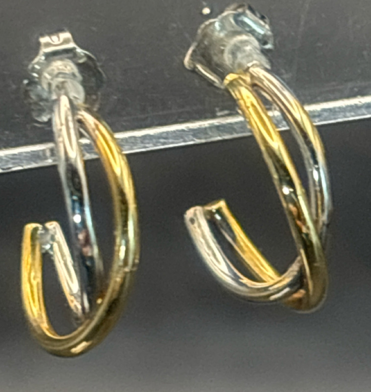 14K White Yellow Gold Double Pierced Hoops Stamped