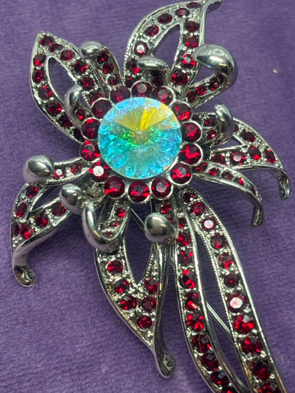 Large Red Rhinestone & AB Dimensional Flower Brooch Figural