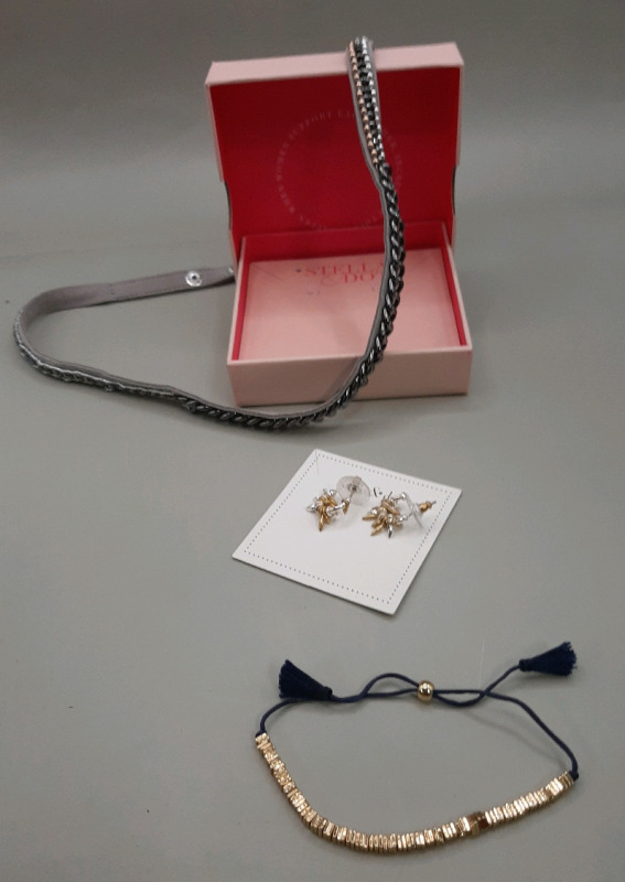 New Stella & Dot Costume Jewellery 22" Dove Wrap Bracelet Silver & Goldtone Earrings 8" Black Cord & Goldtone Metal Jewellery Bracelet Is Adjustable
