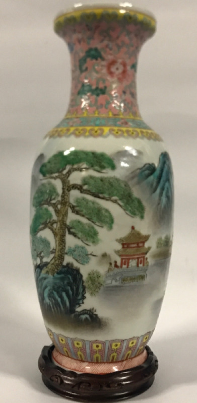 Vintage 12.5” Chinese Vase With Wooden Base