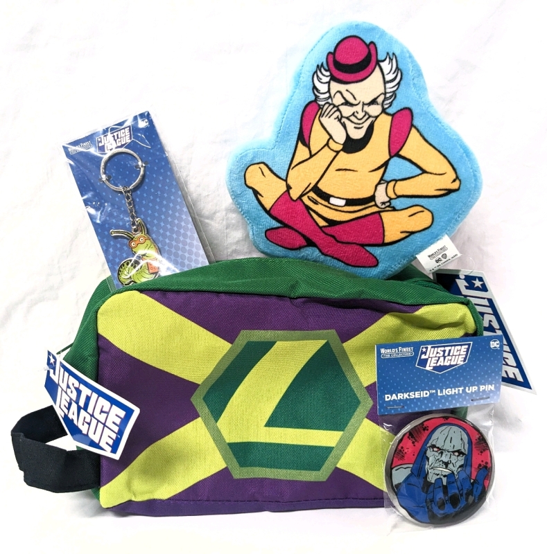 New DC Comics x World's Finest : 7" Mister MXYZPTLK Mini Plush Pillow, 3" Darkseid Light-Up Pin, Mister Mind Keychain 2" Tall " LexCorp Toiletry Bag 10" x 4" x 6"