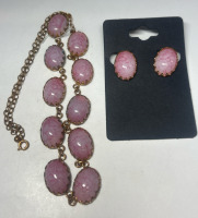 Vintage Pink Oval Glass Set Necklace Earrings Dog tooth Set