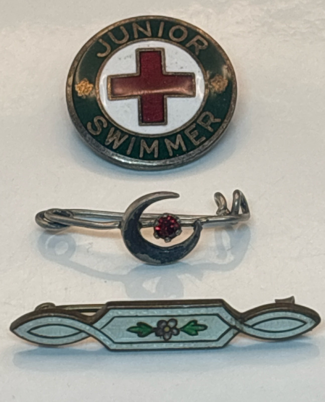 Two Antique Bar Pins Moon with stone & Guilloche Enamel Old Red Cross Pin