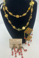 D&rsquo;orlan Vintage Lemon Coin Necklace Signed Orange stone Brooch & Earrings