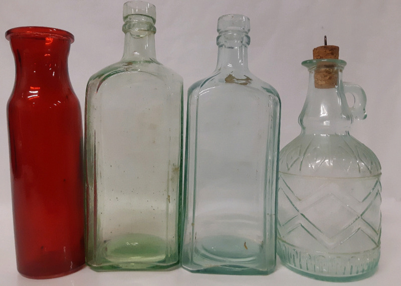 Vintage, Set of 3 Glass Bottles, 2 Blue 1 Green, and Ruby Coloured Glass Vase