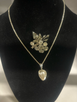 German Silvertone Unipened Tulip Necklace Rhinestine Brooch