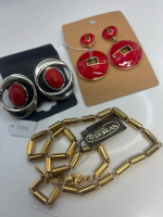 French ORENA Signed Earrings & Statement Red Enamel Drops Dorlan Bullet link Necklace