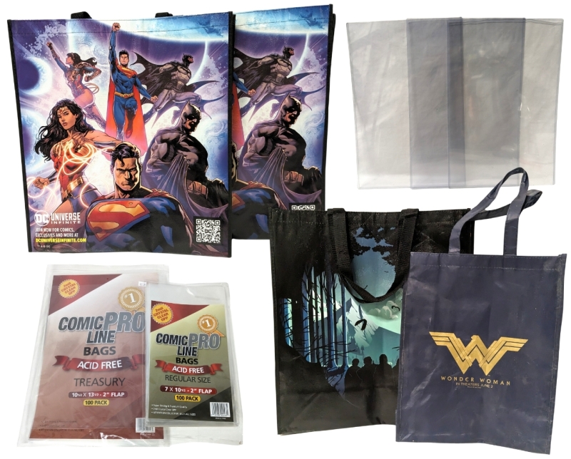 3 FAN EXPO Large Reusable Shopping Bags, Wonder Woman Bag, ComicPro Line Bags : 50+ Each (7 x 10.5" or 10.5" x 13.5") x 3 Rigid Clear Plastic Oversized Comic Protectors 11.5" x 17.25"