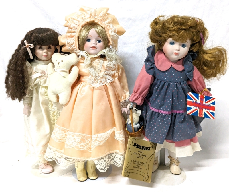 3 Vintage Porcelain Dolls | Wimbledon Collection #4084 Nancy, Seymour Mann's Connoisseur Doll Collection + Brunette Doll | 16.5" Tall