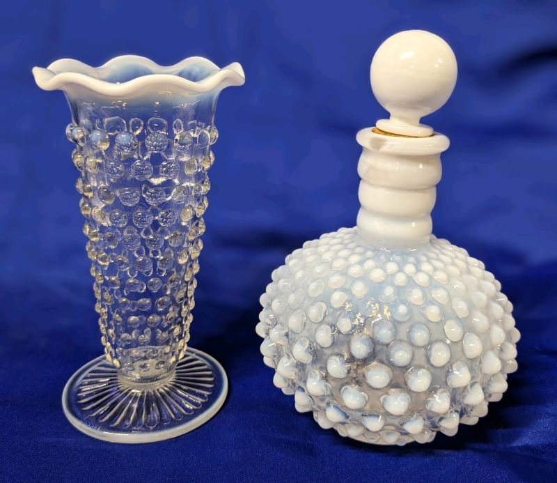 Vintage Unsigned Fenton Opalescent Hobnail Moonstone Glass | 6.25" Tall Perfume Bottle with Stopper & 5.7" Tall Vase