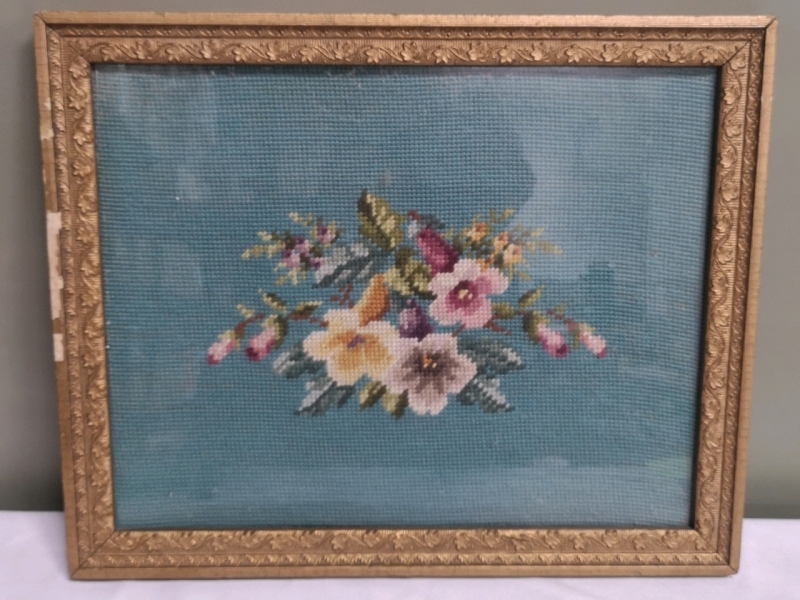 Vintage Framed Stitch Art - Flowers - 15.5" by 12.5"