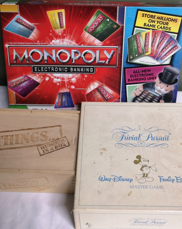 3 Boardgames Monopoly Electronic Banking & Things..Humour in A Box & Disney Family Edition Trivial Pursuit