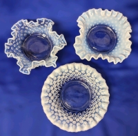 3 Vintage Unsigned Fenton Opalescent Hobnail Moonstone Ruffled Art Glass Dishes | 4 5" - 6" Diameter