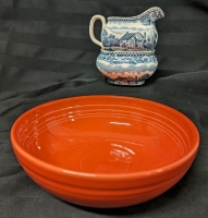 Vintage Woodland Wood & Sons England Creamer & Sugar Dish (2" - 2.75" Tall) w FIESTA WARE Orange Bowl (7.5" D x 2.5" Tall)