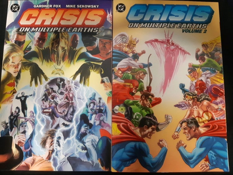 Vintage DC, Crisis: On Multiple Earths, Comic books Volume 1 & 2, Paperback Edition (Volume 1 Is First Printing) (Volume 2 is 2nd Printing)