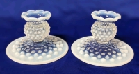 2 Vintage Unsigned Fenton Hobnail Moonstone Lotus Candlestick Holders | 4.6" Bottom Diameter x 3" Tall