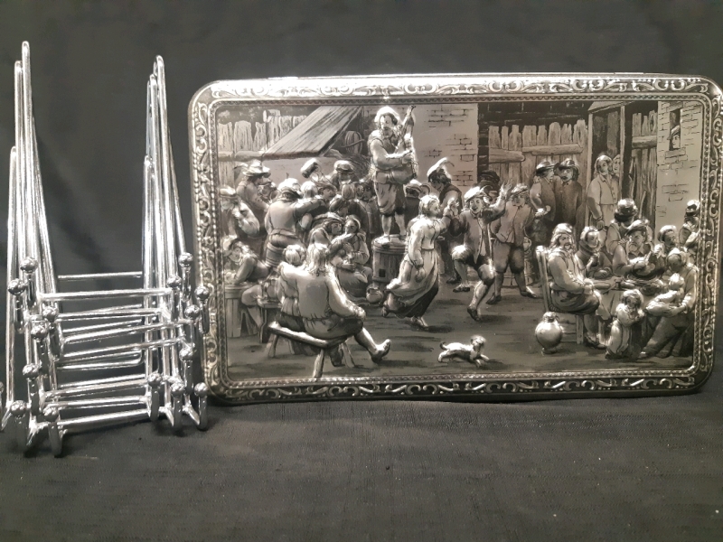Teniers Decorative Tin 13" Wide x 8" Long x 2.5" Height , With Set of 8 Metal Plate Stands