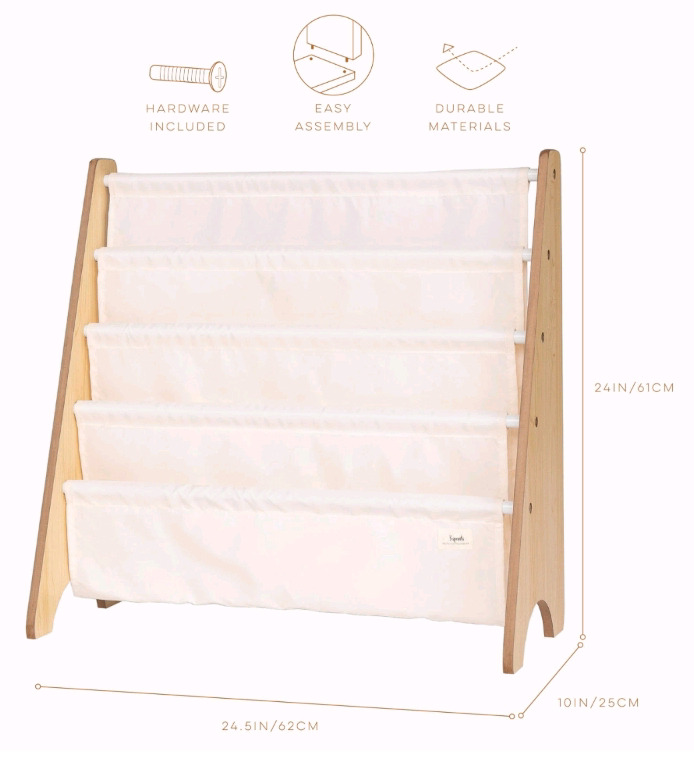 New, 3 Sprouts 5 tier, Wooden Book Rack (24.5" X 10" X 24" with Creme colored Cloth shelves
