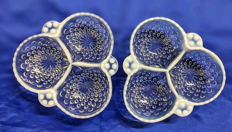 2 Vintage Hobnail Opalescent MoonStone Unsigned Fenton 3-Compartment Candy / Relish Dishes | 6.5" x 6.5" x 1.75"