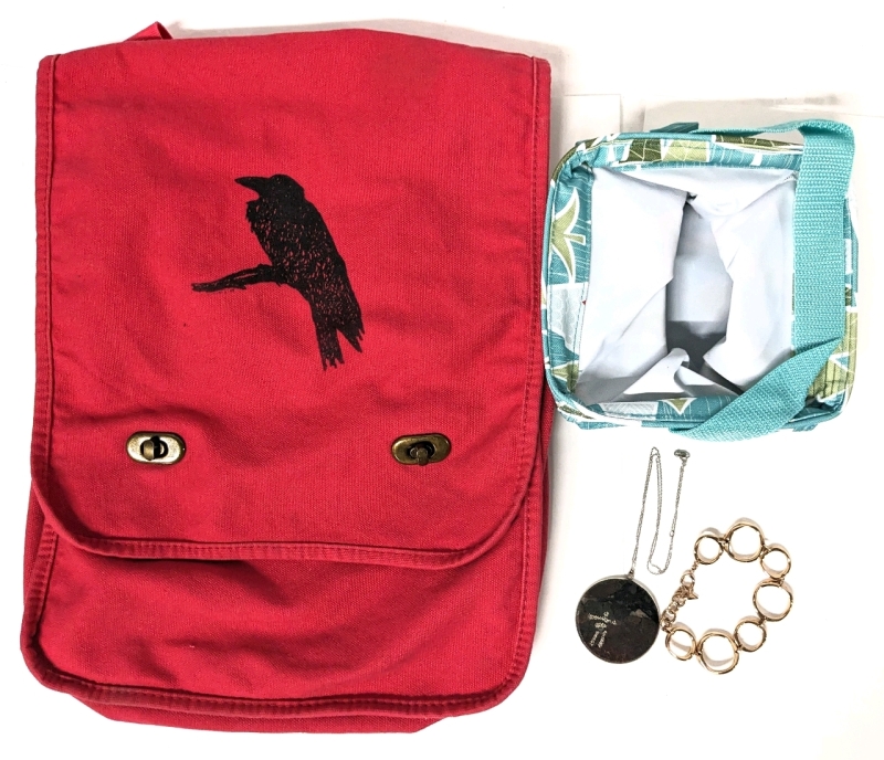 Red Raven Canvas Messenger Bag (11" x 3.4" x 15"), As-New Thirty-One Mini Littles Carry-All Caddy (5.25" x 6") & Inukshuk Pendant(1.8") on 925 Sterling Silver Chain (18") + Gold Tone FOSSIL Bracelet (7.75")