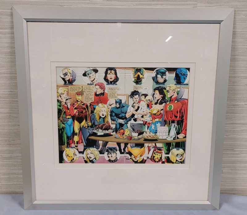 DC Comics Justice Society of America Thanksgiving Dinner Framed Print , measures 20.5"×20.5"