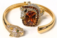 Creature Couture | Size 8 Alligator Clear + Honey Topaz Rhinestone Statement Ring & Panther-Head Gold Tone Bangle with Clear & Green Stones (Adjustable)