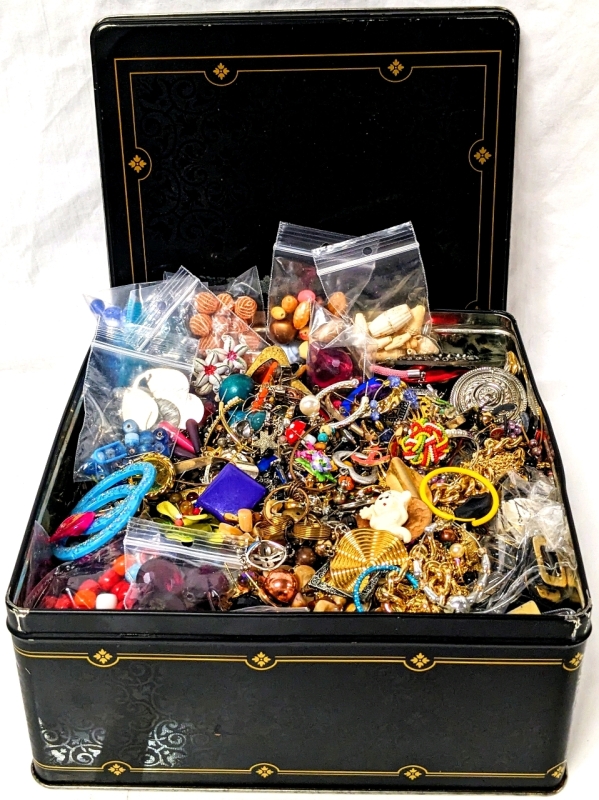 Assorted Jewelry Pieces & Beads for Crafting in Large Tin | 8.5" x 9" x 3.75"