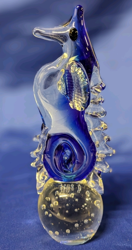 Vintage Cobalt & Clear Art Glass Seahorse | 6.8" Tall