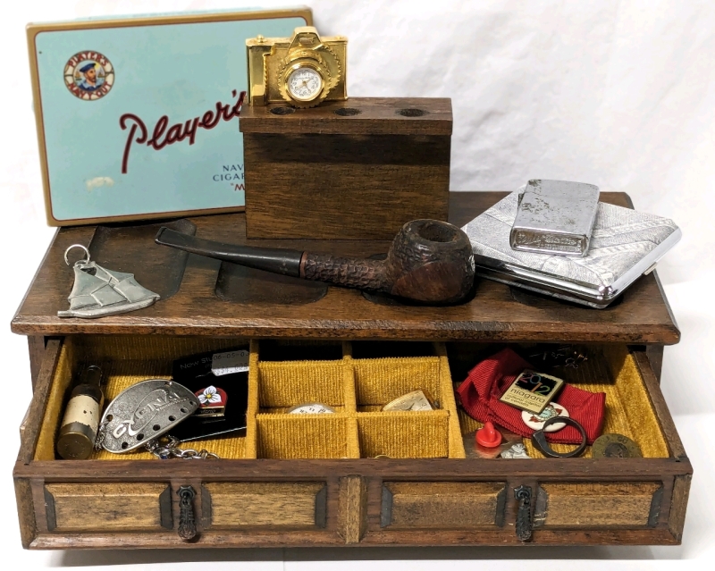 Vintage Men's Treasures | Mele Japan Wood Jewelry Box + Lighters, Brigham Pipe, Pins, Rings, Watches, Cigarette Tin + More