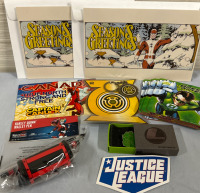 Assorted Superhero Items Including Green Lantern Pin Keychain and Coasters Harley Quinn Mallet Pen Justice Leauge Sticker And Captin Canuck Gretting Cards