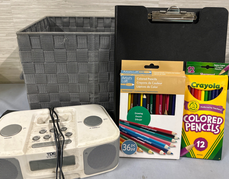 Assorted Items Lot Including TDE Systemd IPod Dock Folding Clip Board Grey Basket and 2 boxes of Pencil Crayons
