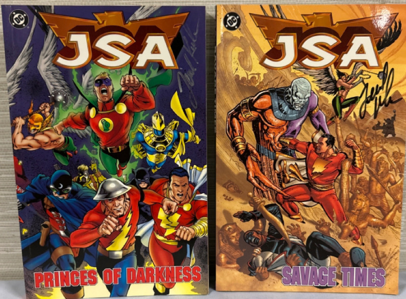 2 DC Comics JSA Graphic Novels Signed Prince of Darkness & Savage Times Softcovers