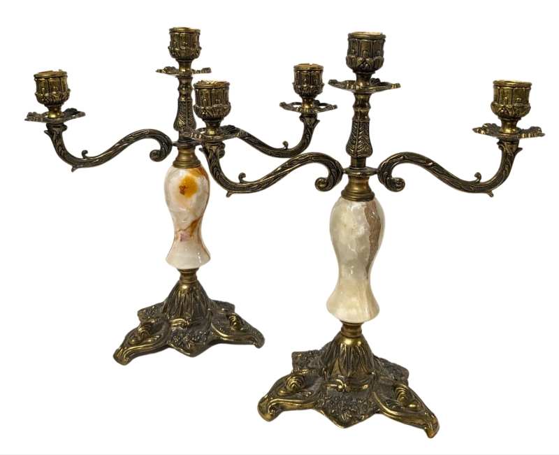 Pair Vintage Brass & Alabaster Italian Ornamental Candlestick Holders | 12.5" Tall