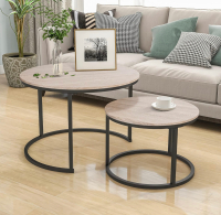 As New HOJINLINERO Industrial Round Coffee Table Set of 2 End Tables for Living Room, Stacking Side Tables Round Wood Look Accent Furniture with Metal Frame,Black+Teak Oak