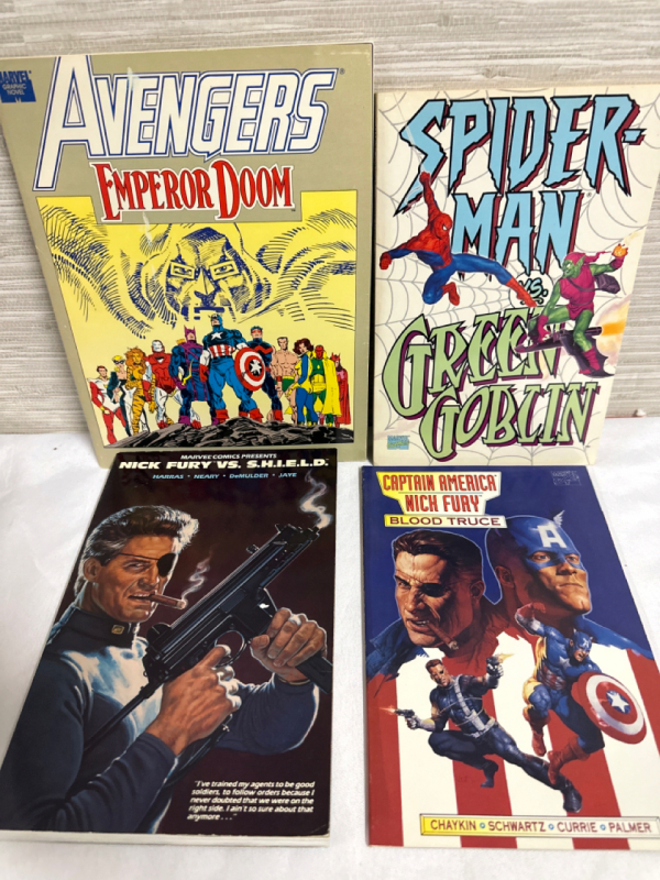 4 Marvel Comics & Graphic Novels Avengers Emperor Doom - Nick Fury vs Shield - Captain America Nick Fury Blood Truce & Spider-Man vs Green Goblin Softcovers