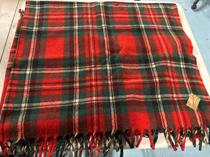 Vintage Ottawa Valley Woollens Plaid Wool Blanket Throw Fringe 52"x58”