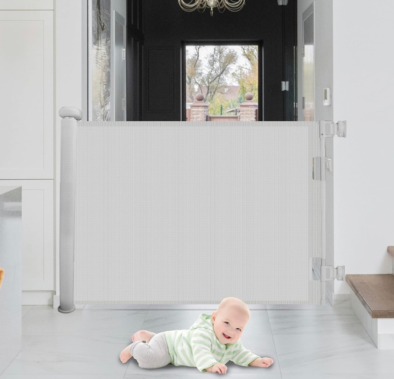 New Retractable Baby Gate 33"x55"- Sulishang Retractable Dog Gate, Pet Gate for Stairs Doorways Hallways Indoor and Outdoor White