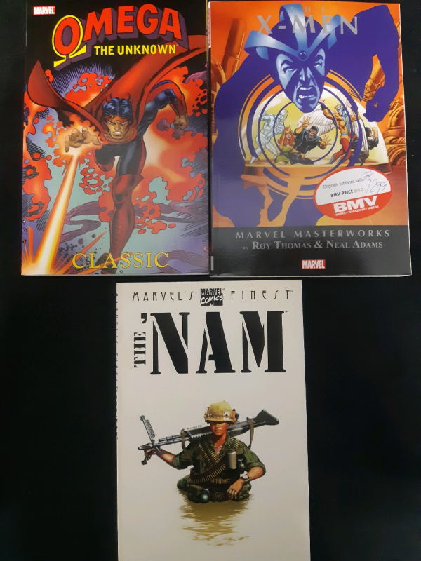 3 Assorted Marvel Paperback Comics, Good Condition Includes; Omega The Unknown, The X-Men Marvel Masterworks, The Nam