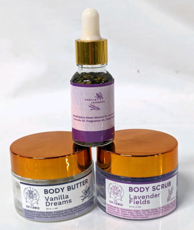 New Zen Flower : Vanilla Lavender Body Oil 15ml, Lavender Fields Body Scrub 60g & Vanilla Dreams 30g