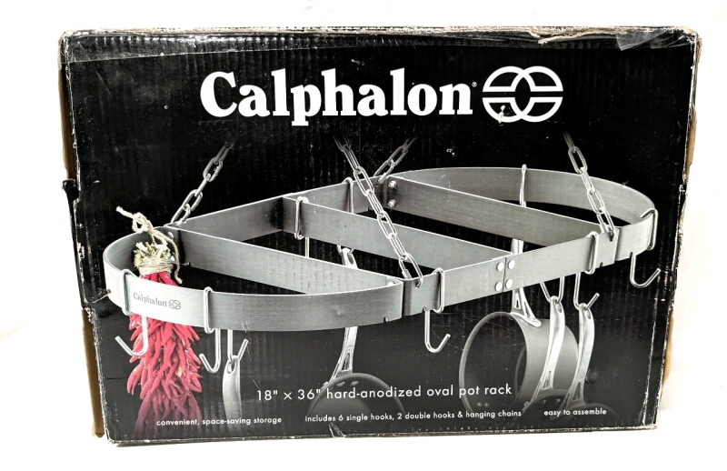 New Calphalon 18" x 36" Hard-Anodized Oval Pot Rack w 4 Extra Single Hooks & 2 Extra Double Hooks