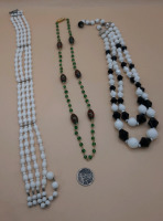 Vintage Bead Necklaces 11.5" White Beaded Choker, Green, & Black & White