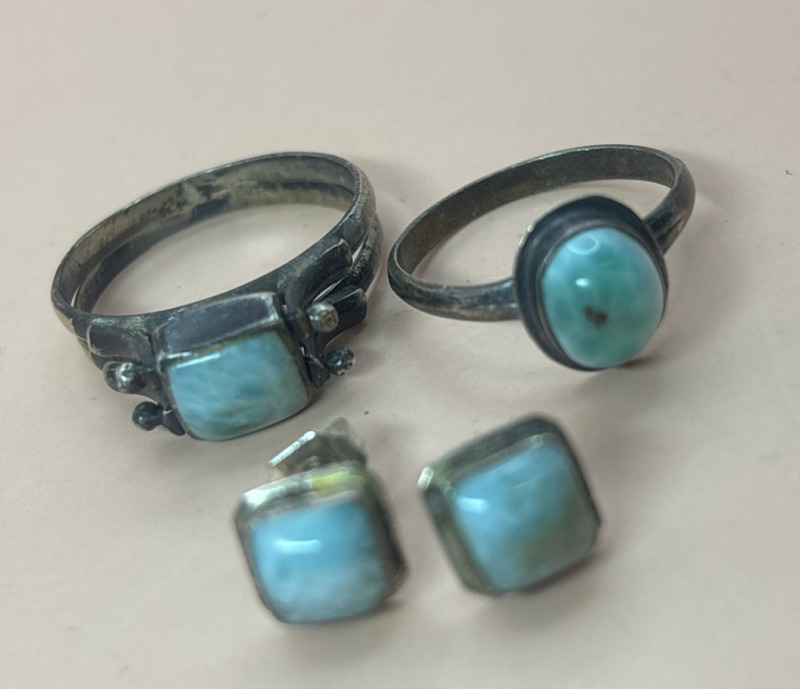 Larimar and Sterling Rings and Stud Earrings