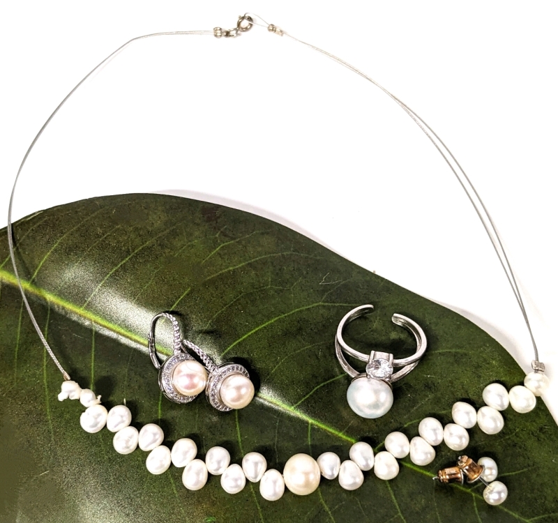 Pearls (Faux and Real) with Sterling Silver 925 : Ring, Earrings & Necklace