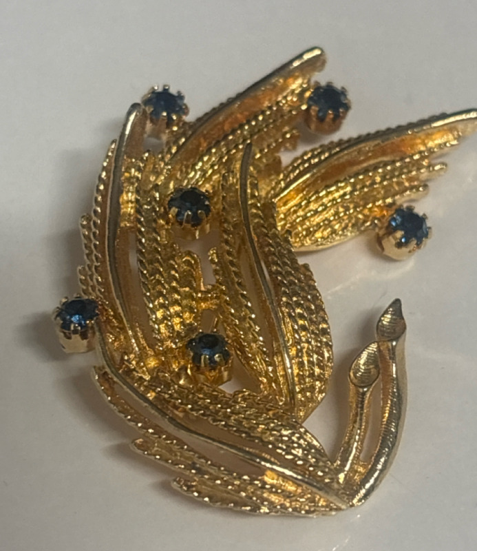 BSK Sapphire Rhinestone Wheat Grass Brooch Vintage