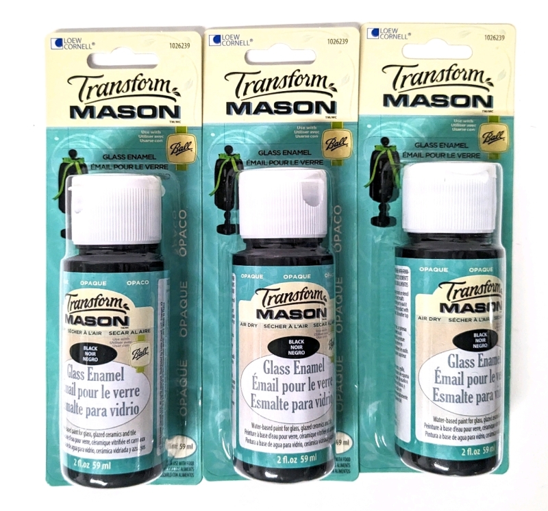 3 New TRANSFORM MASON Opaque Black Enamel Glass Paint for Glass, Glazed Ceramics & Most Smooth Surfaces (59ml ea)