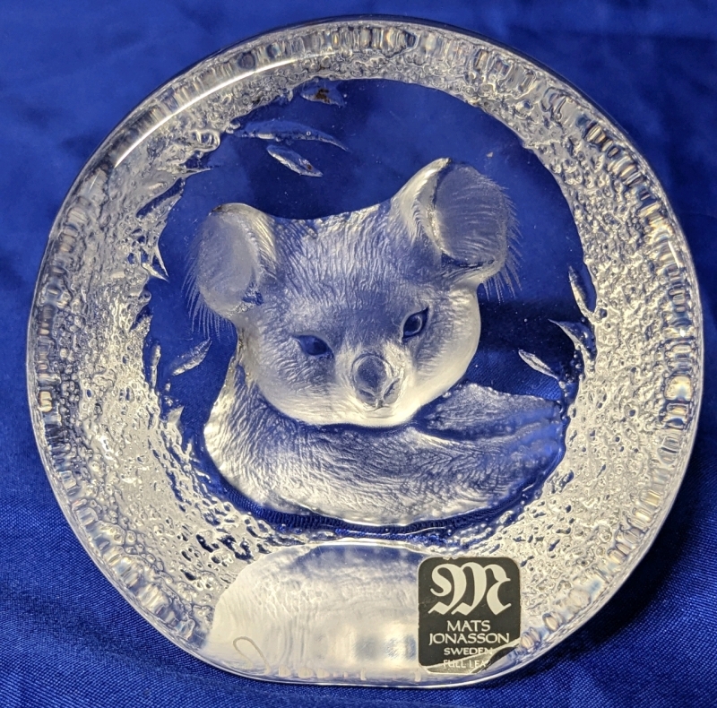 Signed Vintage MATS JONASSON Sweden Full Lead Crystal Koala Paperweight | 3" Tall